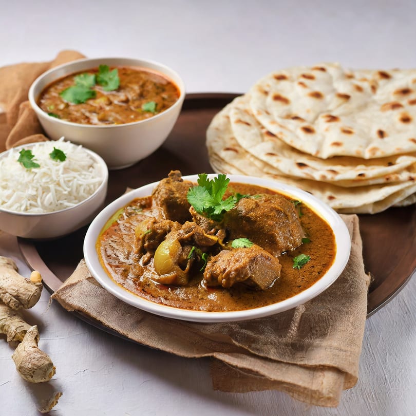 Indian lamb curry, rice, and naan bread on a wooden tray, garnished with cilantro.