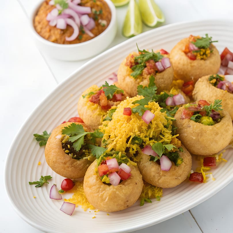 A white platter of Indian pani puri, filled with various toppings, alongside a bowl of dipping sauce.