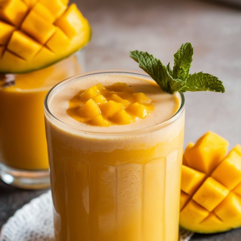 Two glasses of mango lassi, garnished with fresh mango chunks and mint leaves.